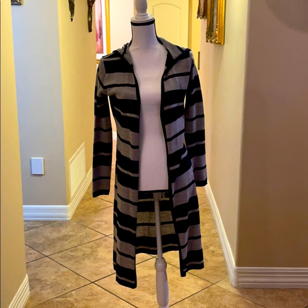 Grey and Blue Knee Length Cardigan